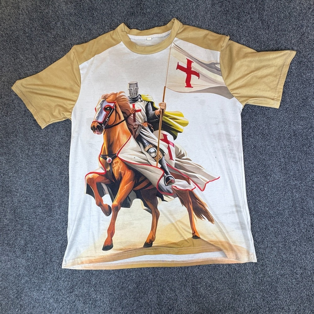 Knights‎ Templar T-Shirt Mens XL White Gold Horse Riding Graphic Print Casual